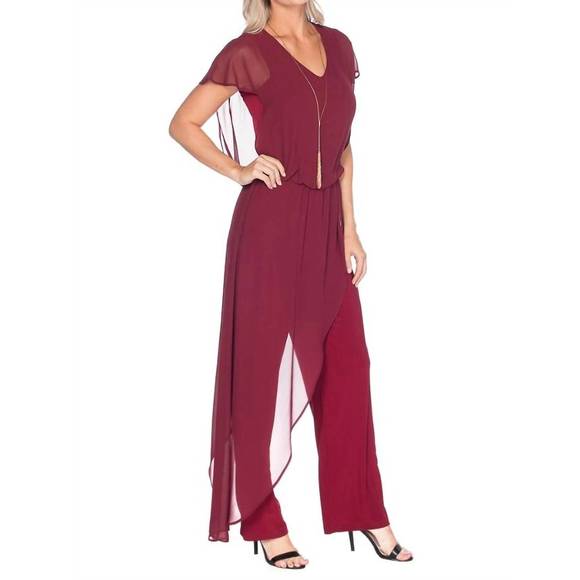 NEW LAST TANGO jumpsuit with chiffon overlay in burgundy - Picture 2 of 4